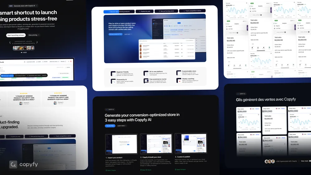 Copyfy product interface design shown across dashboard screens.